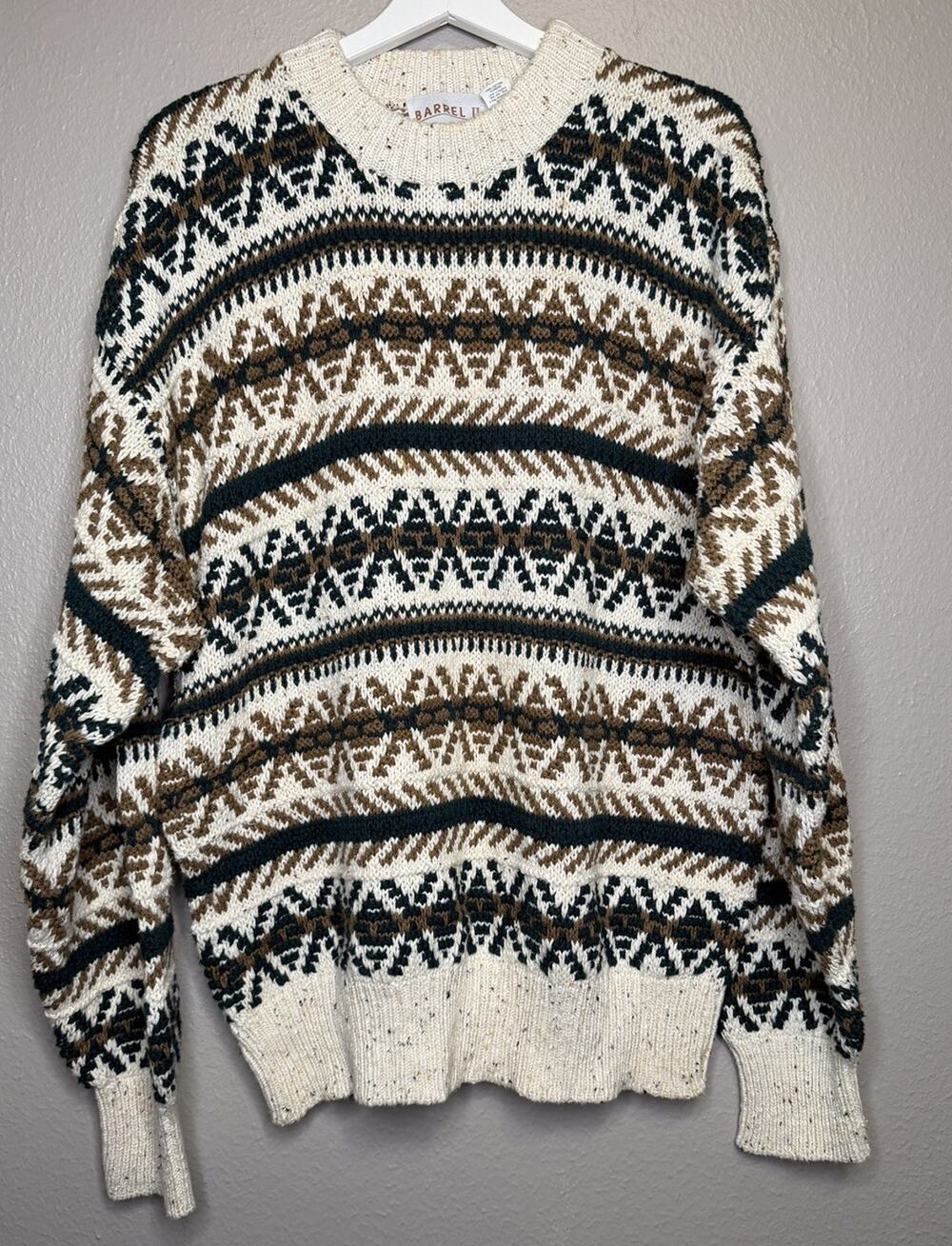 Vintage Barrel II Fair Isle Knit Sweater Green Cream Grandpacore Geometric XL